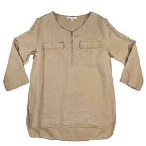 Lot 3 Company Ellen Women’s M 100% Linen Tunic Top Navy Green Beige Roll Tab